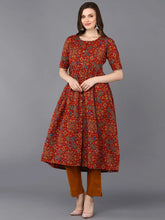 Cotton Red Floral Printed Flared Kurta
